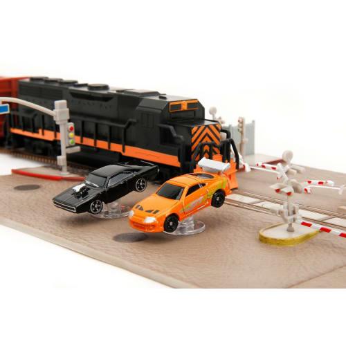 JADA TOYS Nano Scene Fast & Furious Race Scene Railroad Crossing Diorama with Dodge Charger/Toyota Supra Diecast Car Set