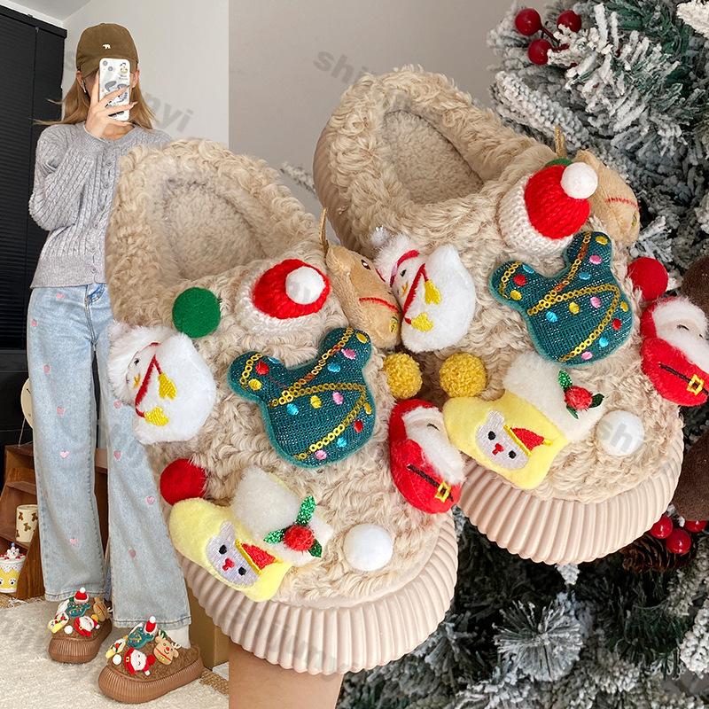 Fashion Women Cute Cartoon Snowflake Christmas Cotton Slippers Ladies Winter New Anti-slip Winter Warm Indoor Home Floor Fluffy Slides