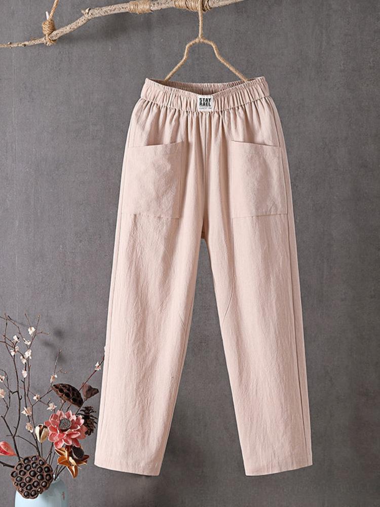 Pantaloni Drepți din Bumbac și In Ușor pentru Femei Plus Size - Stil Harem Casual Alb, Bandă Elastică în Talie, pentru Primăvară/Vară/Toamnă