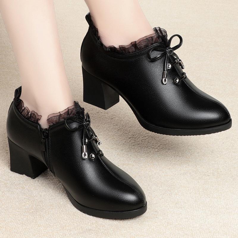 Women Spring Autumn New Fashion Lace Soft Leather Platform Pumps Korean Style Casual Waterproof Pointed Toe Single Shoes