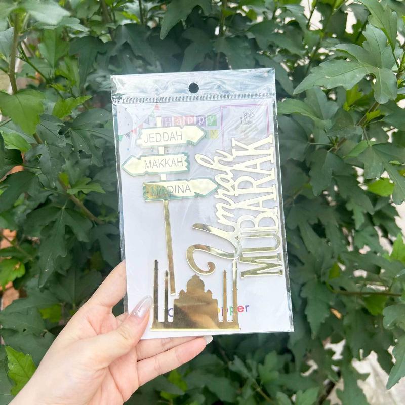 Personalisierter Umrah Mubarak Hajj Mubarak Buchstaben-Kuchenaufsatz Goldfarbenes Acryl Kuchen Dekoration Geburtstagskuchen Anhänger