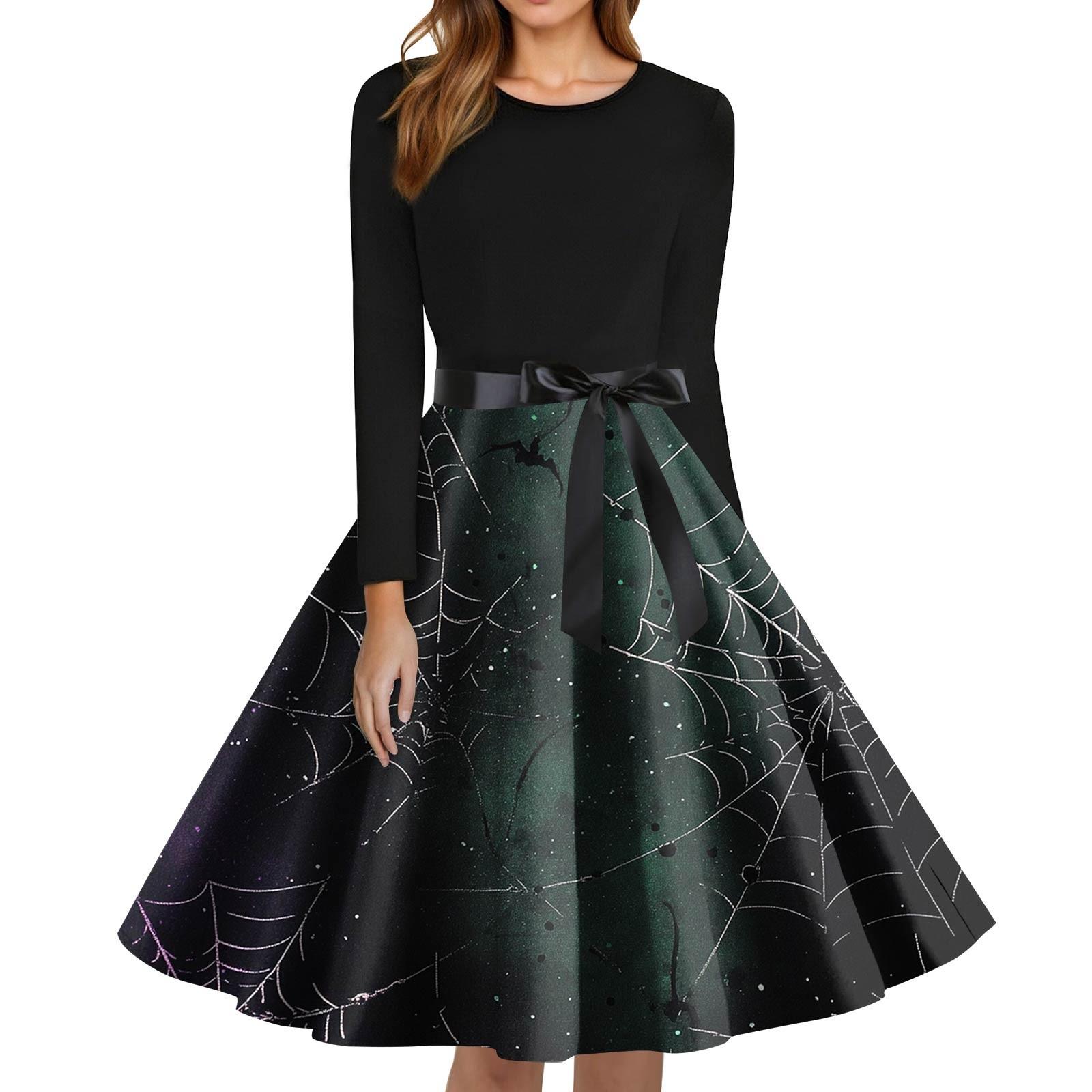 

Женское модное платье с круглым вырезом, повседневное, приталенное, с принтом на Хэллоуин и длинным рукавом XXXXL тёмно-синий