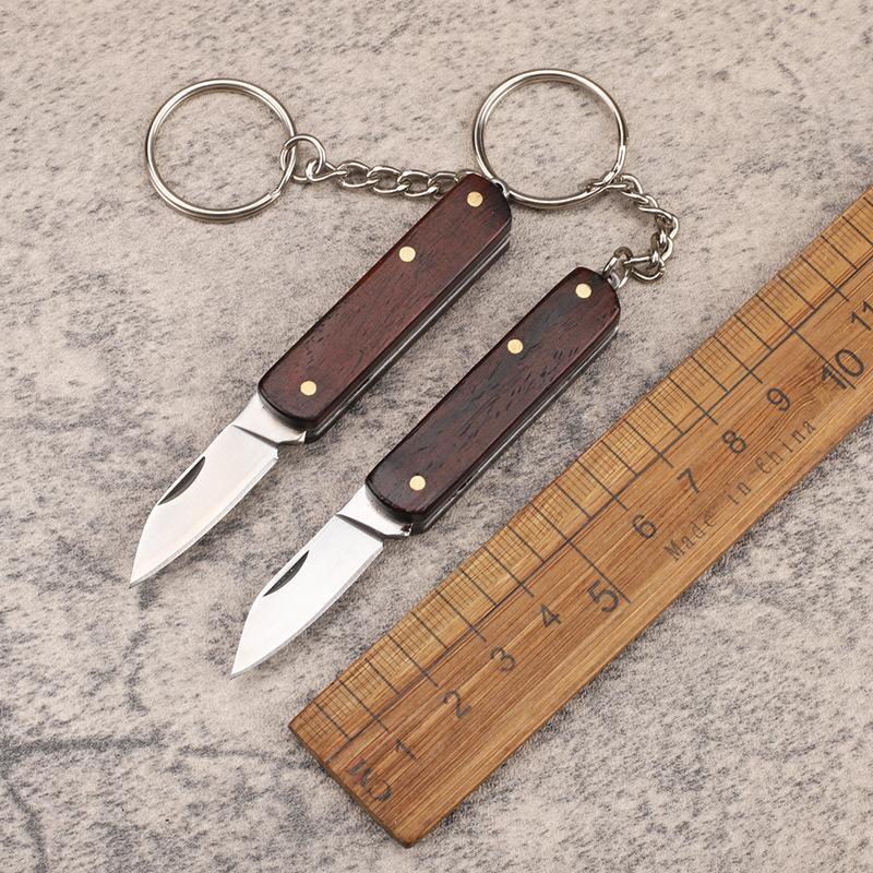 Stainless Steel Mini Portable Folding  Pocket Knife  Sandalwood Handle Keychain Unpacking Cutter Outdoor EDC Tool for Camping