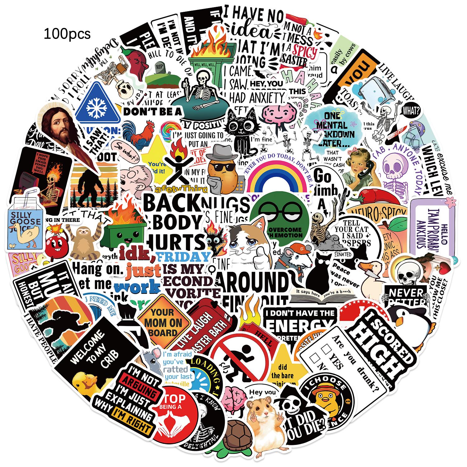 100 ks sarkastických meme samolepek, vtipné doodle umění pro notebooky, skateboardy, zavazadla, opakovaně použitelné samolepky pro DIY dárky gray