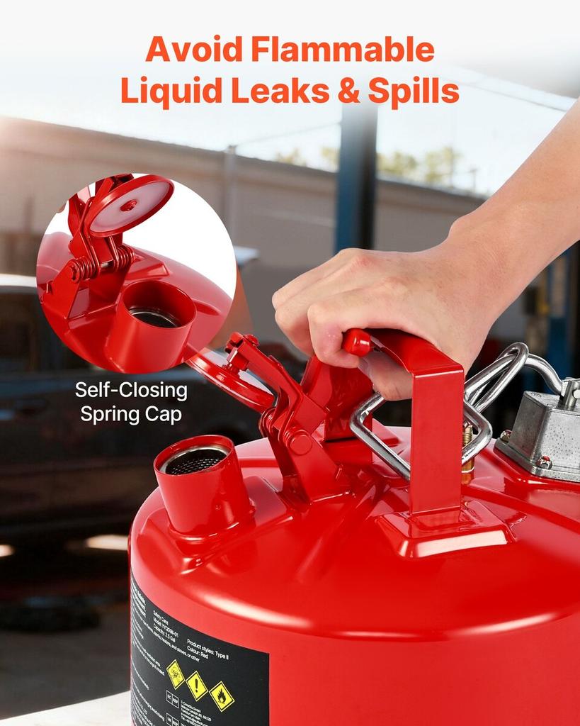 Safety Gas Can, 9.5 L Type II Red Safety Can for Gasoline with Stainless Steel Flame Arrester, Self-Closing Lid, and Flexible Metal Spout, Carbon