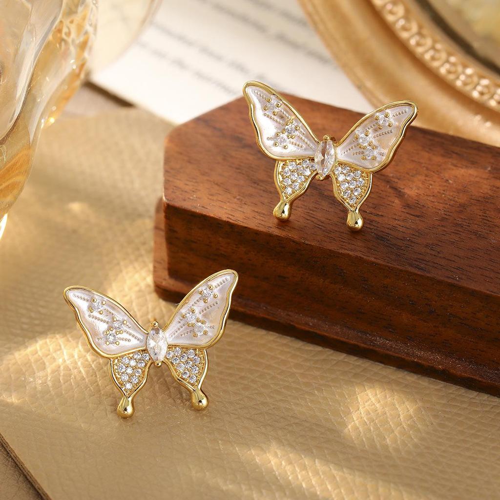 Elegant Zircon Butterfly Drop Earrings for Women - High-End Light Luxury Fashion Studs