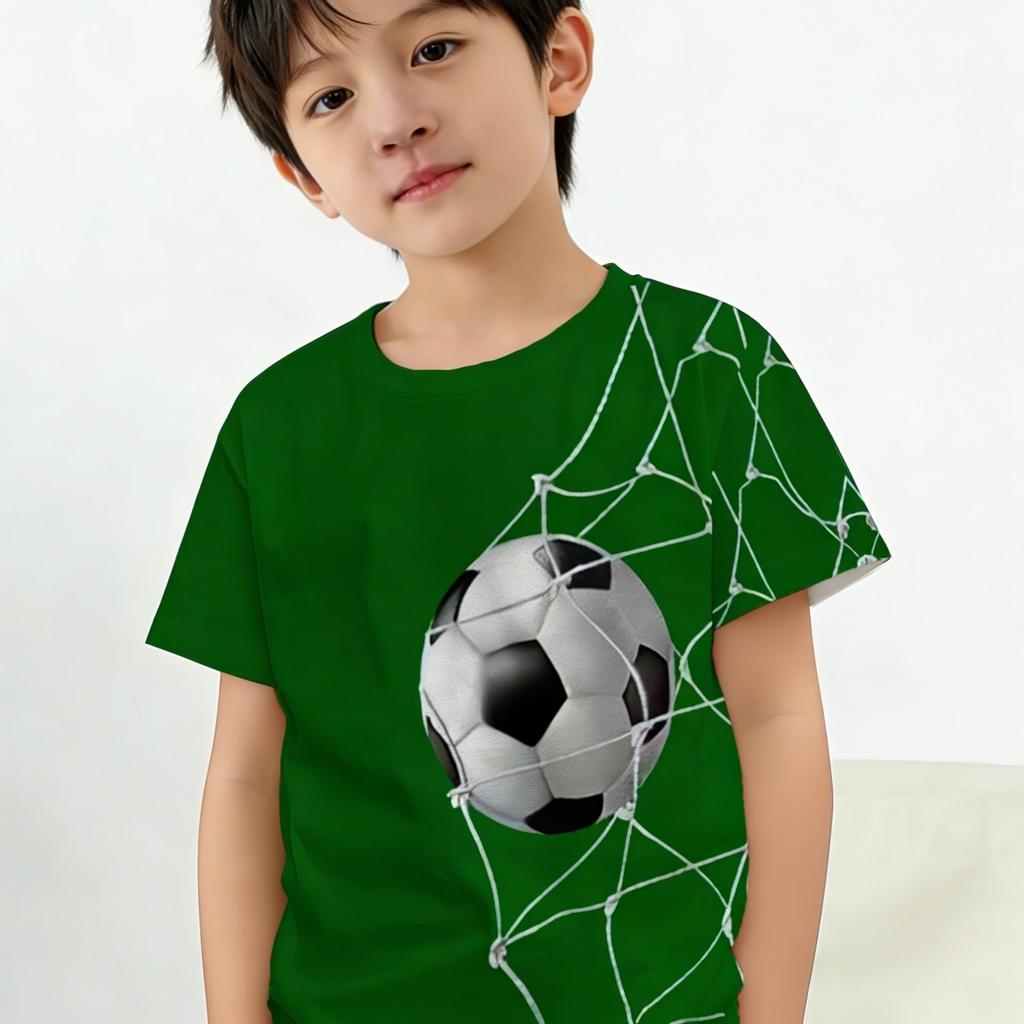Boys' football graphic T-shirt - digital print, pattern of football and stripes, comfortable fit,
