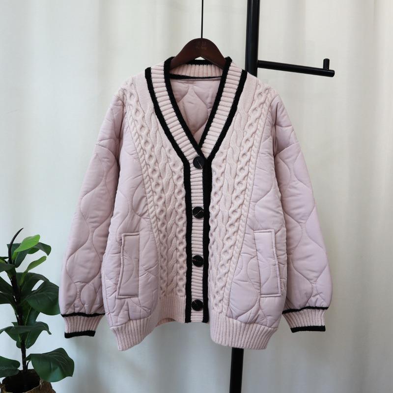 Autumn and Winter Loose Splicing Cotton Clothes Sweater Jacket Women's Lazy Wind Thickened Contrasting Color Knitted Cardigan Commuter Wind