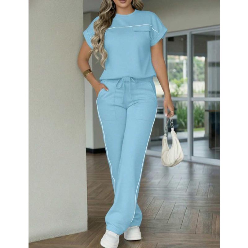 Women's Fashionable Casual Suit - Solid Color, Simple Design, Short-sleeved Straight-leg Pants Set of Two Pieces