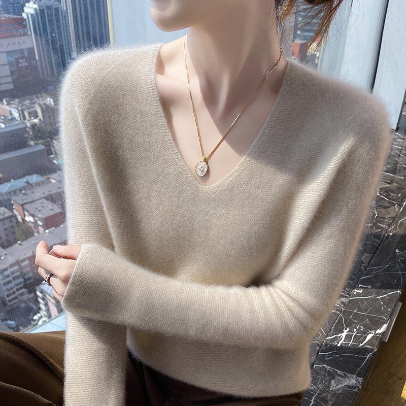 

Женский свитер из 100% шерсти с V-образным вырезом, длинным рукавом, приталенного силуэта, утолщенный, на осень/зиму 2XL Suitable for 125-140 jin