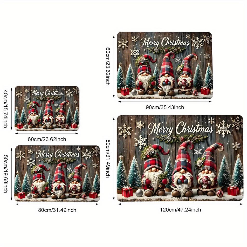 Flannel Doormat with 3 Christmas Gnomes Print, Polyester Non-Slip Indoor Outdoor Rug for Entryway, Kitchen, Hallway Floor Mat