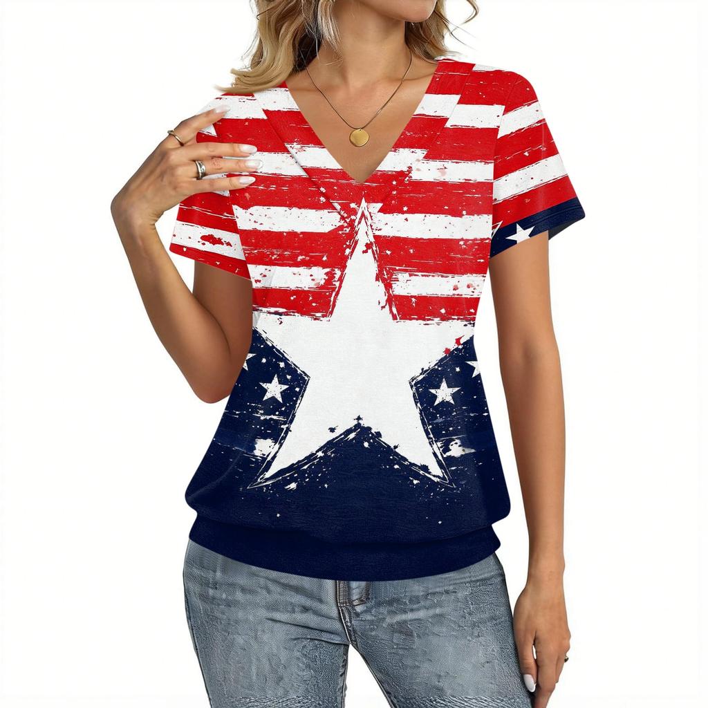 Women Casual Short Sleeve V Neck Top with Star Print Lightweight Breathable Fabric Suitable for Everyday Wear and Outdoor Activities
