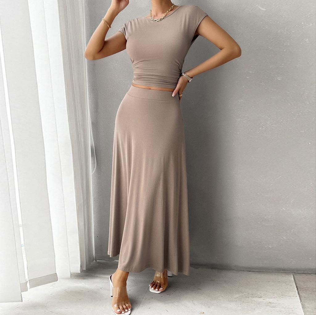 Women's Spring And Summer Short-sleeved Tops Temperament Slim Fit Solid Color Short-sleeved Half-length Dress Set