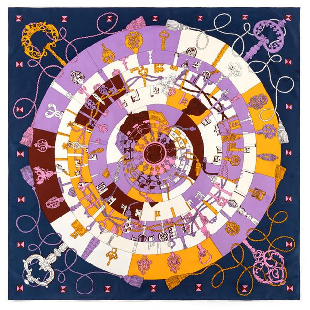 Manual Hand Rolled Twill Silk Scarf Women Key Chain Print Square Scarves Echarpes Foulards Femme Wrap Bandana Hijab 90Cm