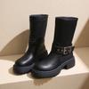 Mode 2024 Sommer Neue Lange Stiefel Dicker Absatz Gürtelschnalle Rutschfest Schlanke Stiefel Retro Mode Großer Schaft Motorradfahrer Stiefel