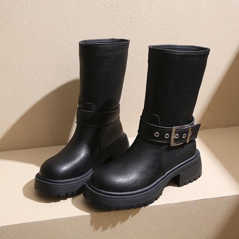 Mode 2024 Sommer Neue Lange Stiefel Dicker Absatz Gürtelschnalle Rutschfest Schlanke Stiefel Retro Mode Großer Schaft Motorradfahrer Stiefel