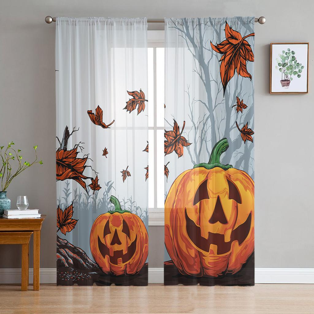 Halloween Pumpkin Leaves Dead Branch Sheer Curtains Home Window Decorations Voile Tulle Curtains For Living Room Bedroom Kitchen