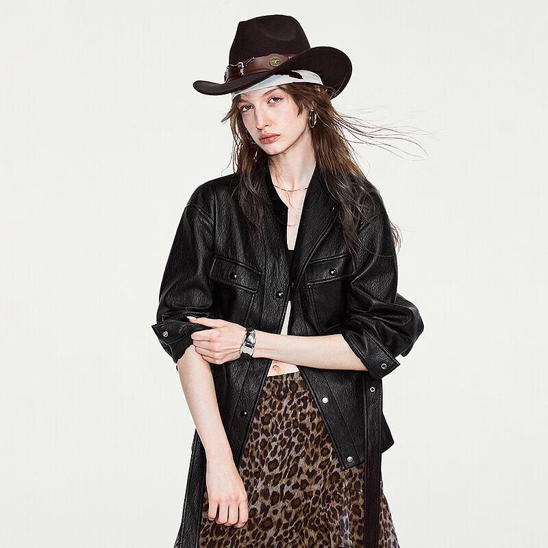 ChuYu Women's Shirt-Style Belted Faux Leather Utility Jacket