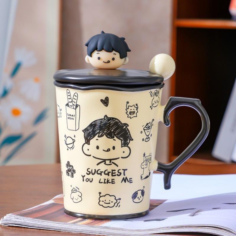 Graffiti Mug with Lid Spoon Ceramic Water Cup Couple with Large Capacity Hand Painted Gift for Girls Niche Birthday Gift