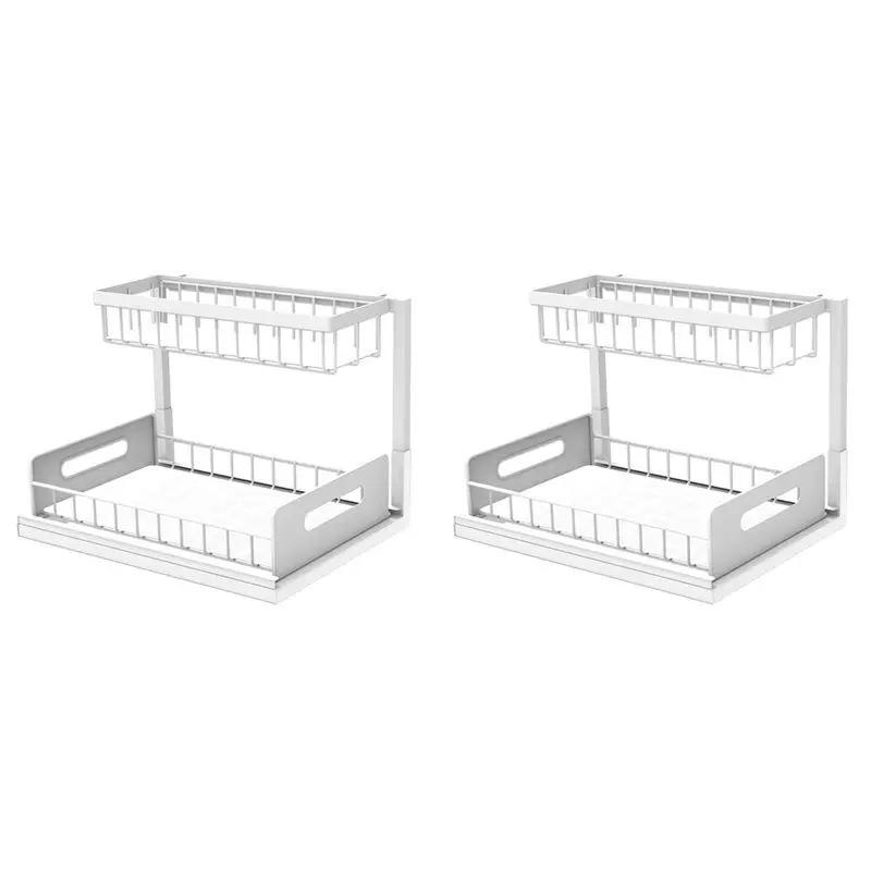 

2 Tier Under Sink Organizer L-Shaped Sliding Cabinet Storage Drawer Metal Pull Out Shelf for Kitchen Bathroom білий