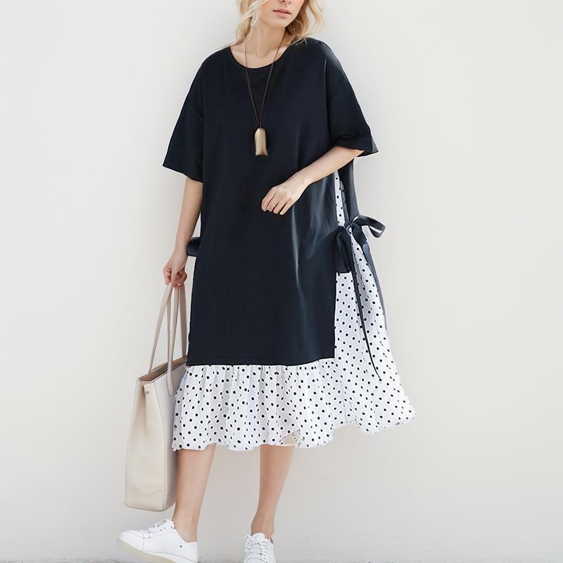 Vestido de Verano para Mujer Tallas Grandes DIMANAF Vestido de Sol Estampado de Moda Puntos Algodón Dama Femenina Empalmado Negro Holgado Vestido de Playa 2024