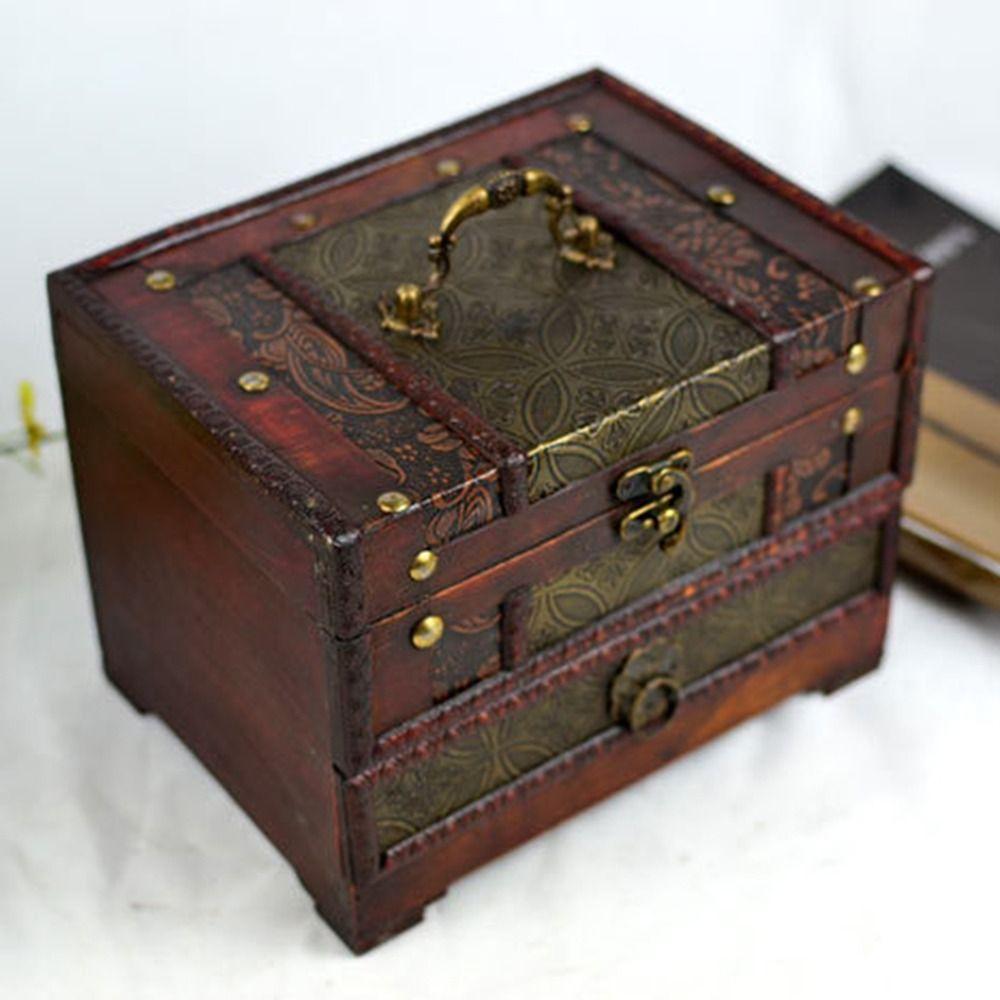 Intricate Carved Retro Distressed Storage Box Creative Dressing Box Wooden Treasure Box  Rings