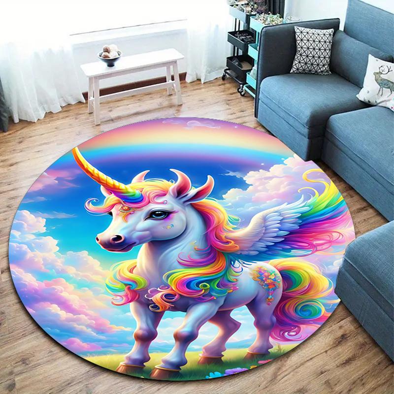1Pc Cute Unicorn Circular Print Rug - Home Decoration Carpet For Living Room Bedroom Flooring Computer Chair Area Rug