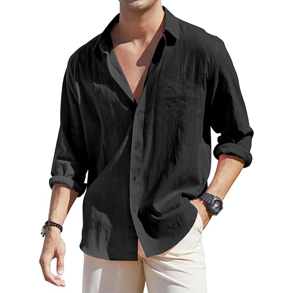 Men's Loose-Fit Long-Sleeve Cotton Linen Shirts for Men Business Casual Button Down Shirt Lightweight Breathable Vacation