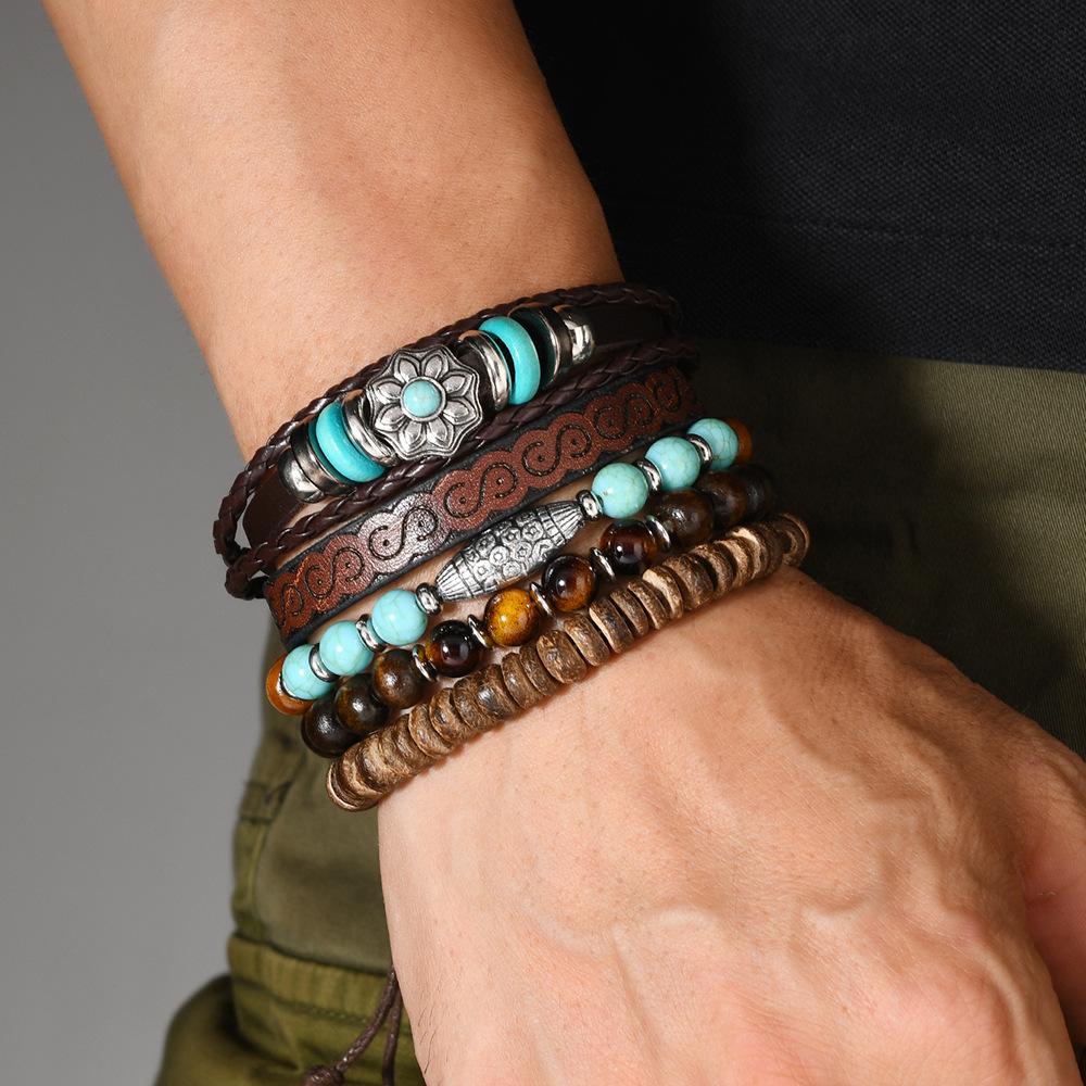 Leather Bracelets for Men Women Handmade Wrap Woven Cuff Bracelets Wooden Beaded Bracelets Vintage Ethnic Tribal Wristbands Bracelet Set Adjustable