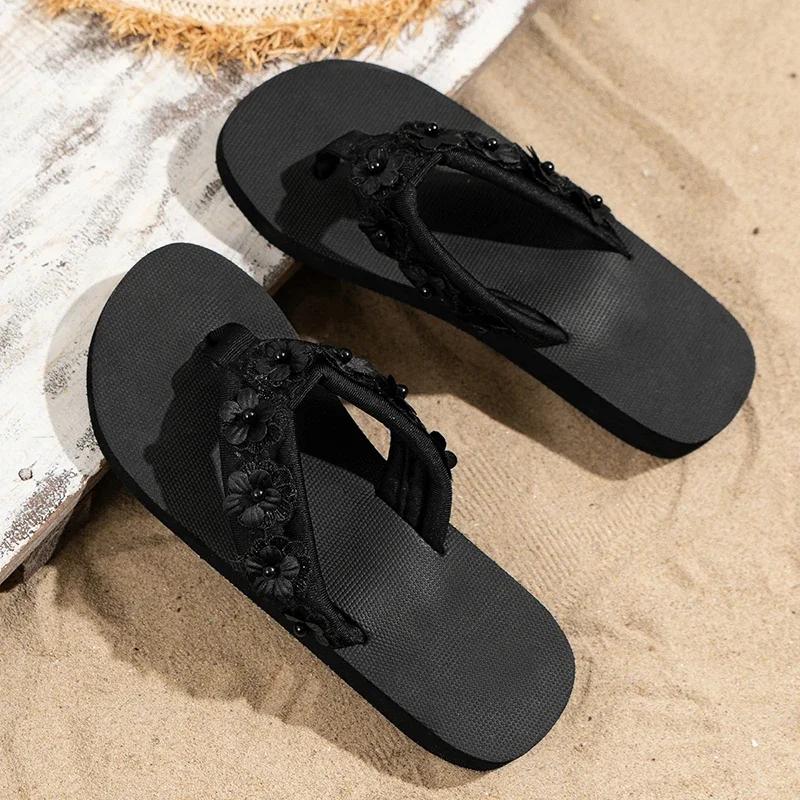 

Fashion Zoki Flowers Decor Flat Heels Flip Flops Women Summer 2025 Non Slip Platform Beach Slippers Woman Lightweight Soft Sole Sandals 42 чёрный