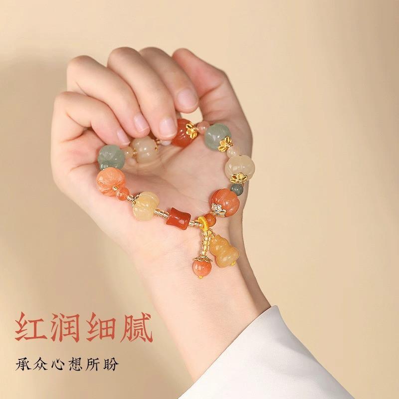 Handmade Natural Jadeite Pumpkin Bead Bracelet With Lotus Carving Ethnic Style 18 Beads 12mm Unisex Spiritual Jewelry