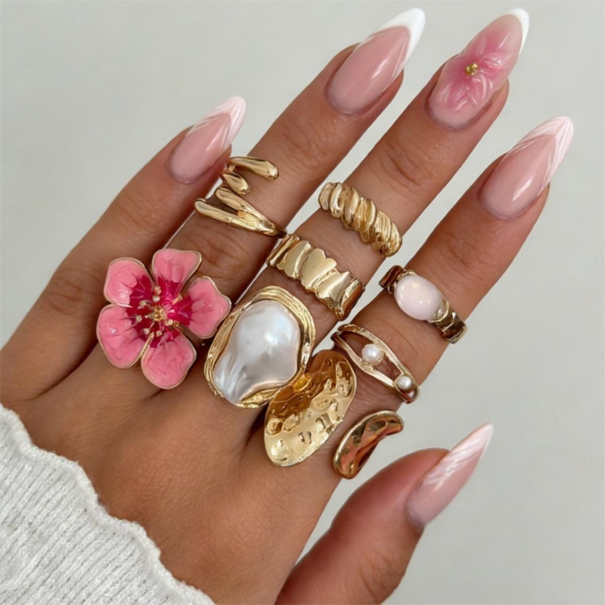 

Geometric Irregular Twisted Enamel Flower Rings Set For Women Men Fashion Baroque Imitation Pearl Knuckle Finger Ring Jewelry