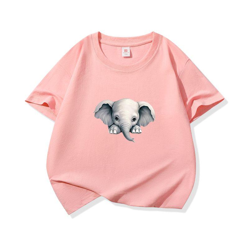 Kids Cotton T Shirt Cute Peeking Little Elephant Print Crew Neck Short Sleeve Tee Casual Breathable Boys Girls Summer Tops