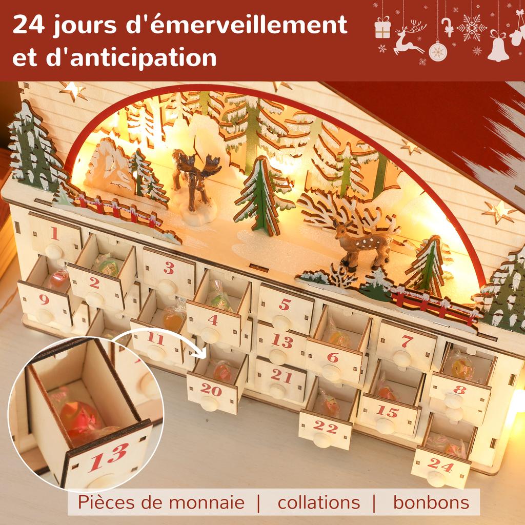 Light-up Advent Calendar, Fillable Advent Calendar, 24 Drawers, Village Scene, 36x10x34cm, Natural Wood