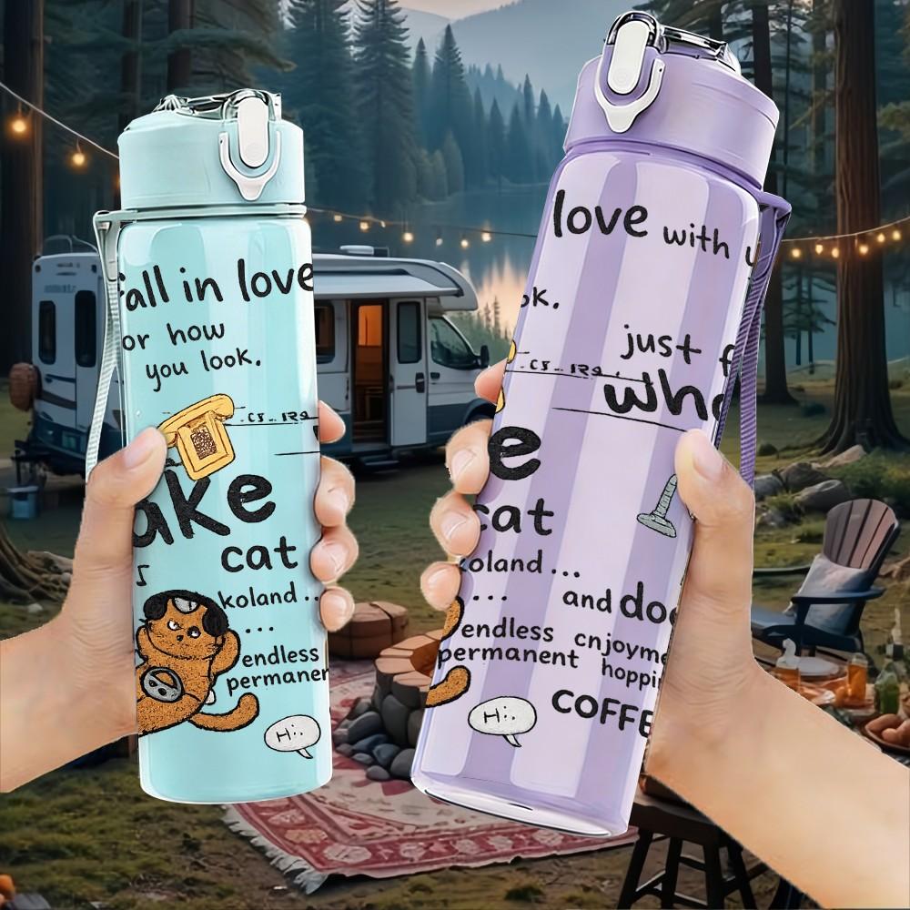 1PC Cake Coffee Doodle Sketch 750ml Color Plastic Sports Water Bottle Leakproof Flip Straw Lid Suitable for Sports Office Home Use