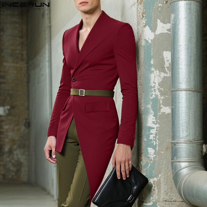 INCERUN Men V Collar Long Sleeve Splits Irregular One Buttons Front Cross Thin Tops Blazer