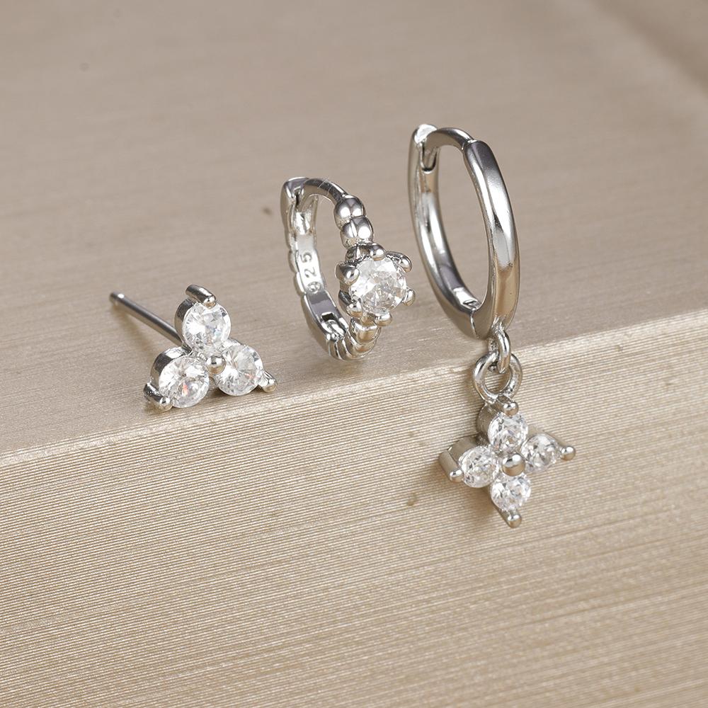 3PCS Fashion Gold Plated Chain Zircon Hanging Earrings Set for Women Stainless Steel Punk Flower Dangle Earring Piercing Jewelry
