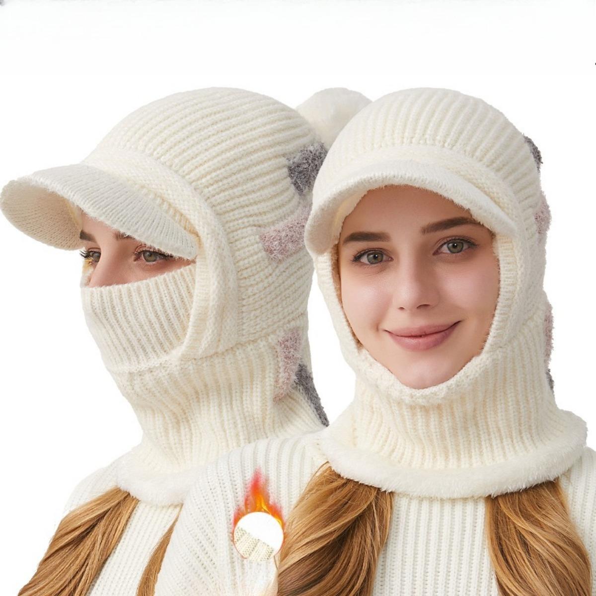 

Вязаная шапка, Женская шапка, Утепленная, Закрывающая лицо, Шапка, Шарф, Комбинезон, Теплая шапка, Шапка с защитой ушей M（56-58cm） слоновая кость