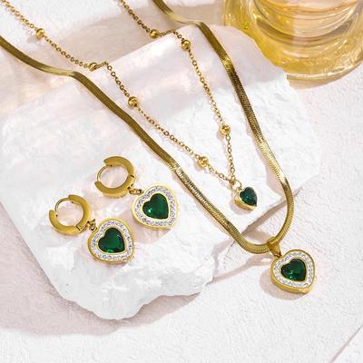 Emerald Zircon Three-Piece Set: Summer Layered Peach Heart Top, Titanium Steel Necklace, Bracelet & Earrings.