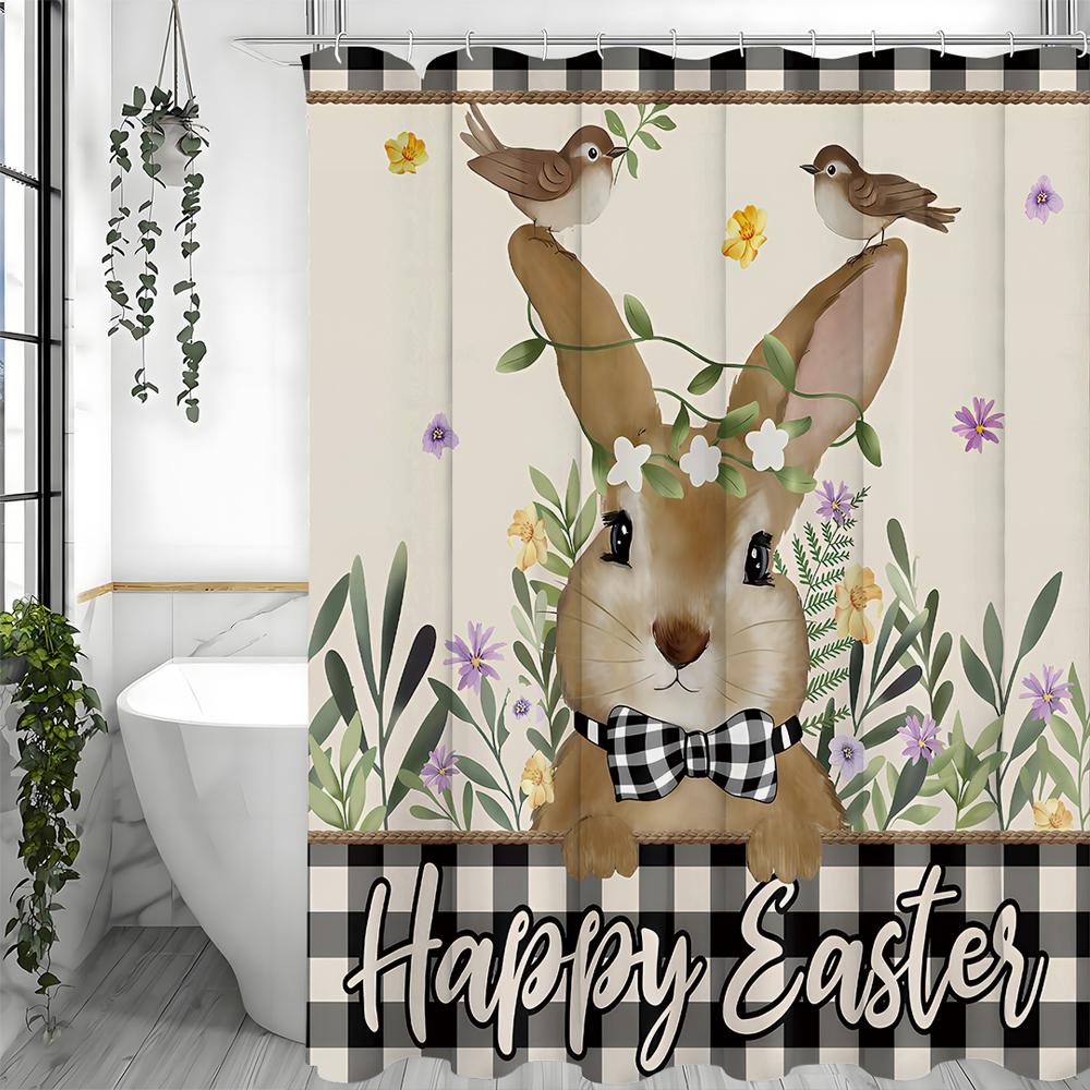 Easter Shower Curtain, Easter Bunny Pattern, Spring Easter Farmhouse Holiday Bathroom Decorative Shower Curtain, Waterproof Sho