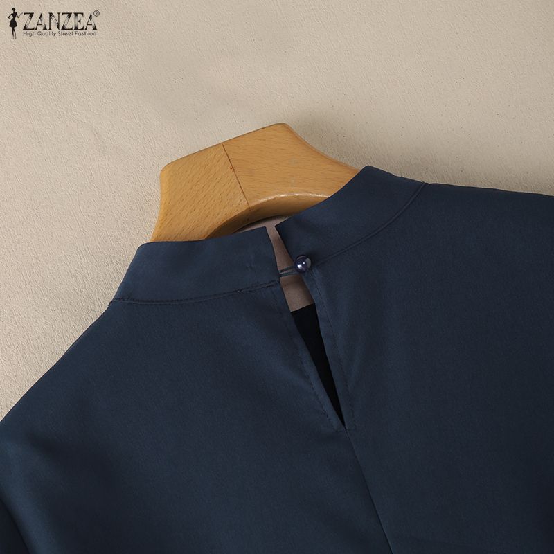 ZANZEA Elegant Womens Stand Collar Casual Puff 3/4 Sleeve Loose Blouse