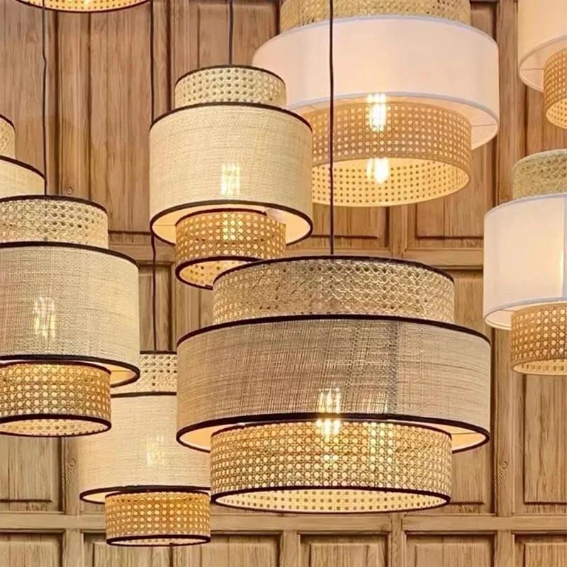 Natural Wicker Rattan Pendant Light Fixtures Chinese Style Bamboo Hanging Lampshades for Home Living Room Bedroom Decor Lighting
