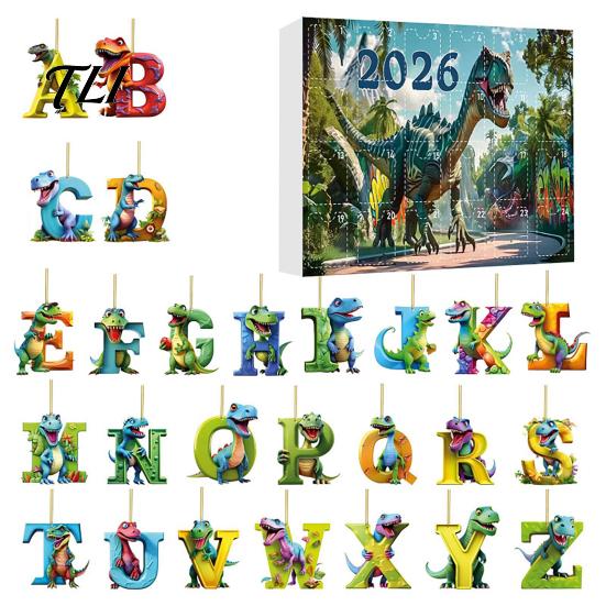 Einzigartiges Dinosaurier-Geschenk für Jungen Mädchen 26 Buchstaben Cartoon Adventskalender, 2D Acryl Dino Figuren Kalender Weihnachtsdekorationen, 24 Tage Countdown