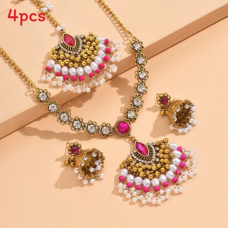 Retro Floral Pendant Necklace And Earrings With Artificial Pearl Accents For Women