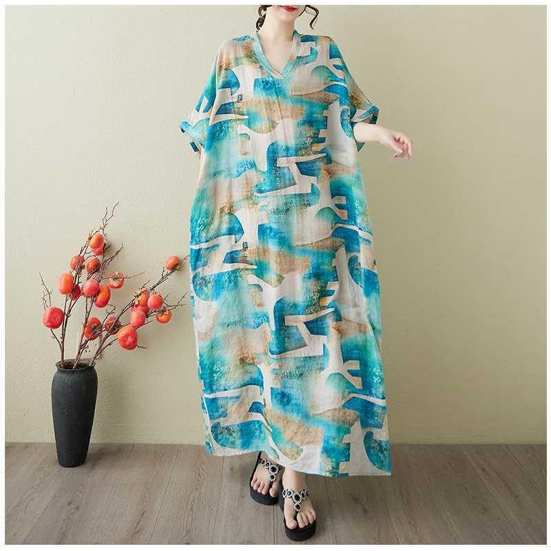 Women's Vintage Long Dress with Cotton and Linen Patterns