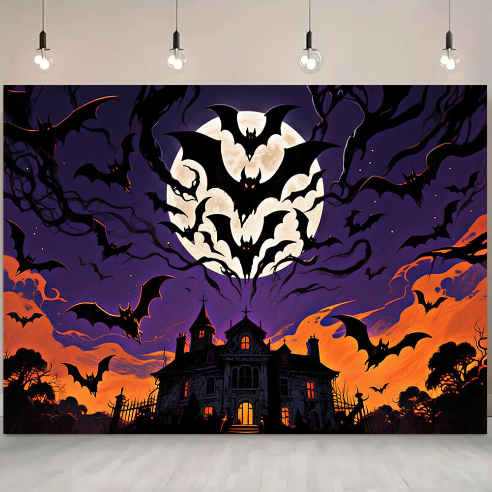 Scary Halloween Backdrop Banner-Castle with Bats&Full Moon for Indoor/Outdoor Parties,Graduation,Halloween Decor,Event