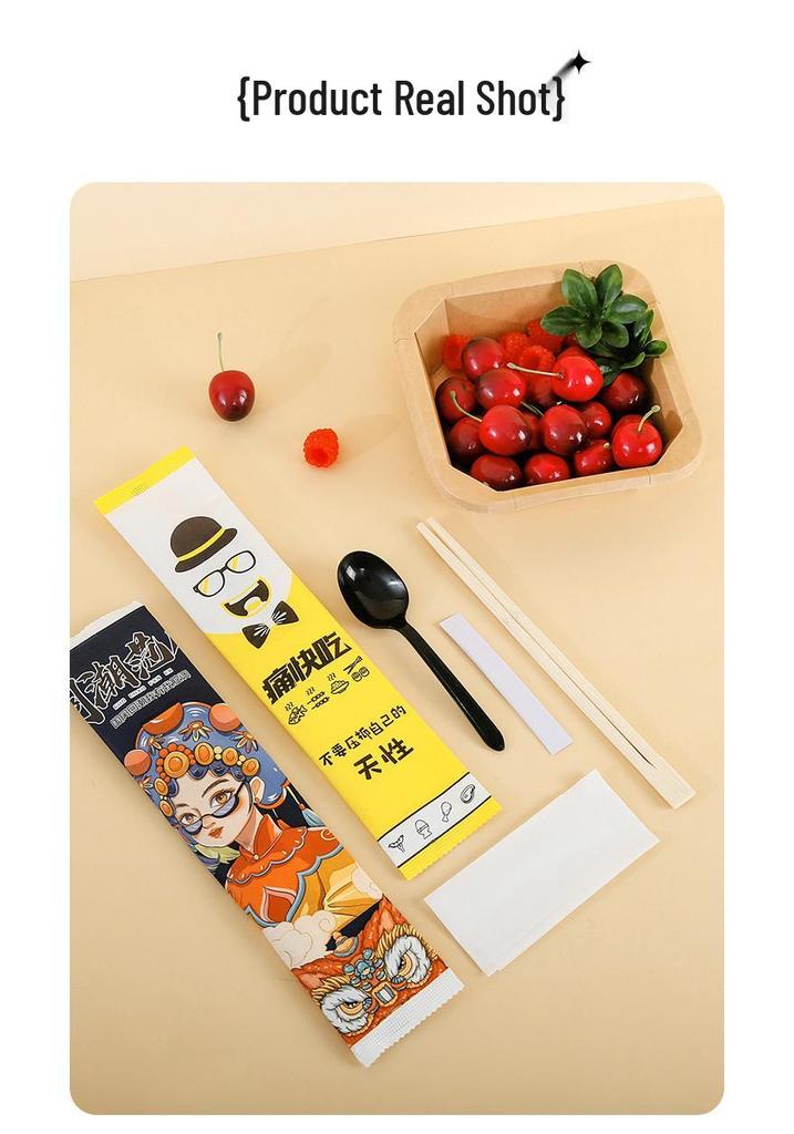 Disposable Tableware Set: Includes Chopsticks, Spoon, and Takeaway Packaging (3-Piece and 4-Piece Options) for Restaurants.