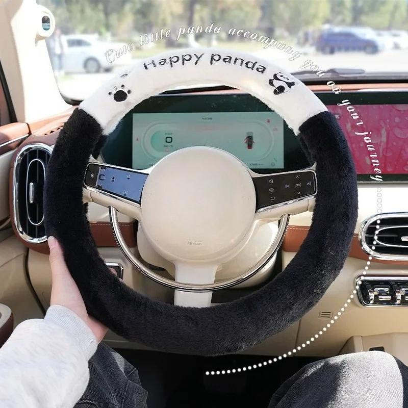 Universal Winter Plush Car Steering Wheel Cover Cute Cartoon Panda Design Ladies Heating Handle Cover for Various Models