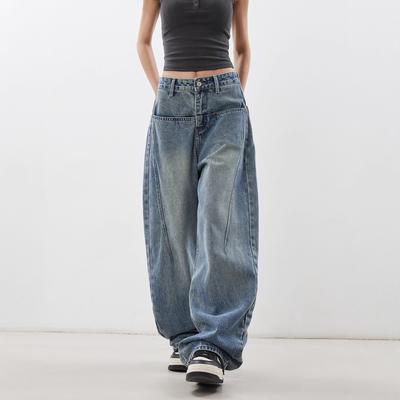 Women's High Rise Barrel Jeans Loose Fit Twill Washed Blue Wide Leg Long Trousers With Big Pockets American Street Style