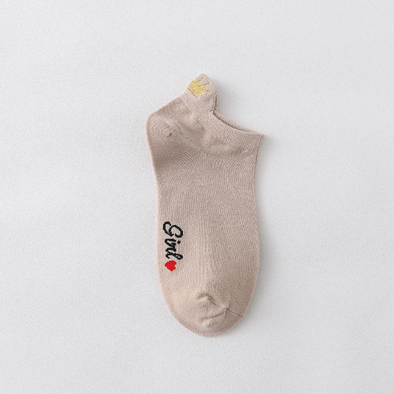 Ladies Spring Summer Cute Crown Embroidery Low Top Wicking Sweat Breathable Invisible Boat Socks